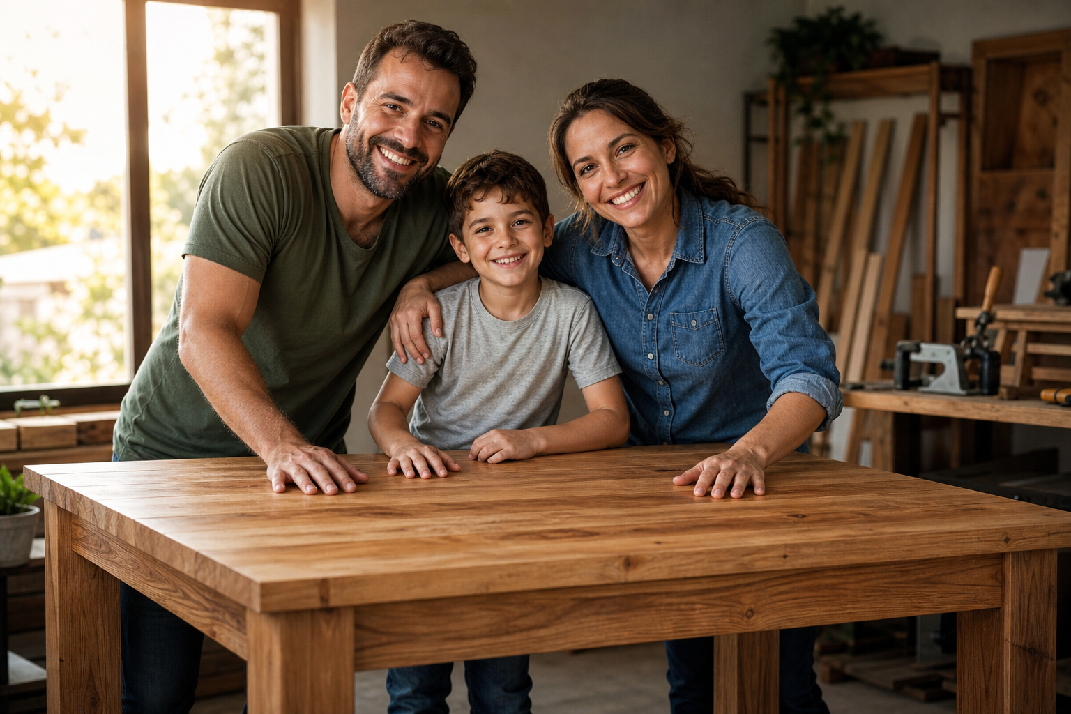 Pessoa sorrindo com orgulho ao lado de uma mesa de madeira que ela mesma construiu